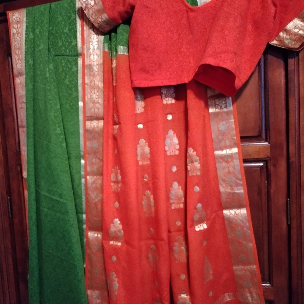 Indian Saree Sari Color Block Avocado Greeen and Orange with Gold Zari Vintage